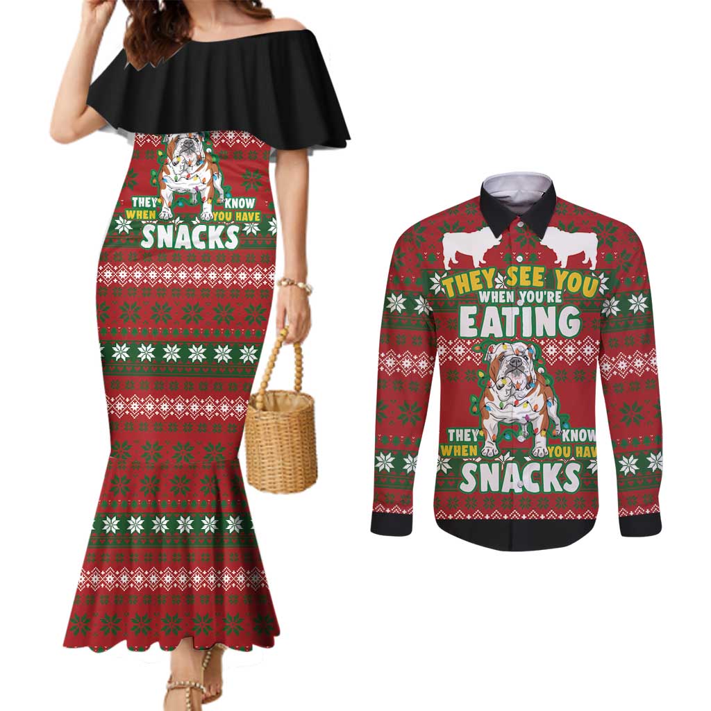 Bulldog Snacks Christmas Couples Matching Mermaid Dress and Long Sleeve Button Shirt They Know You Have Snacks