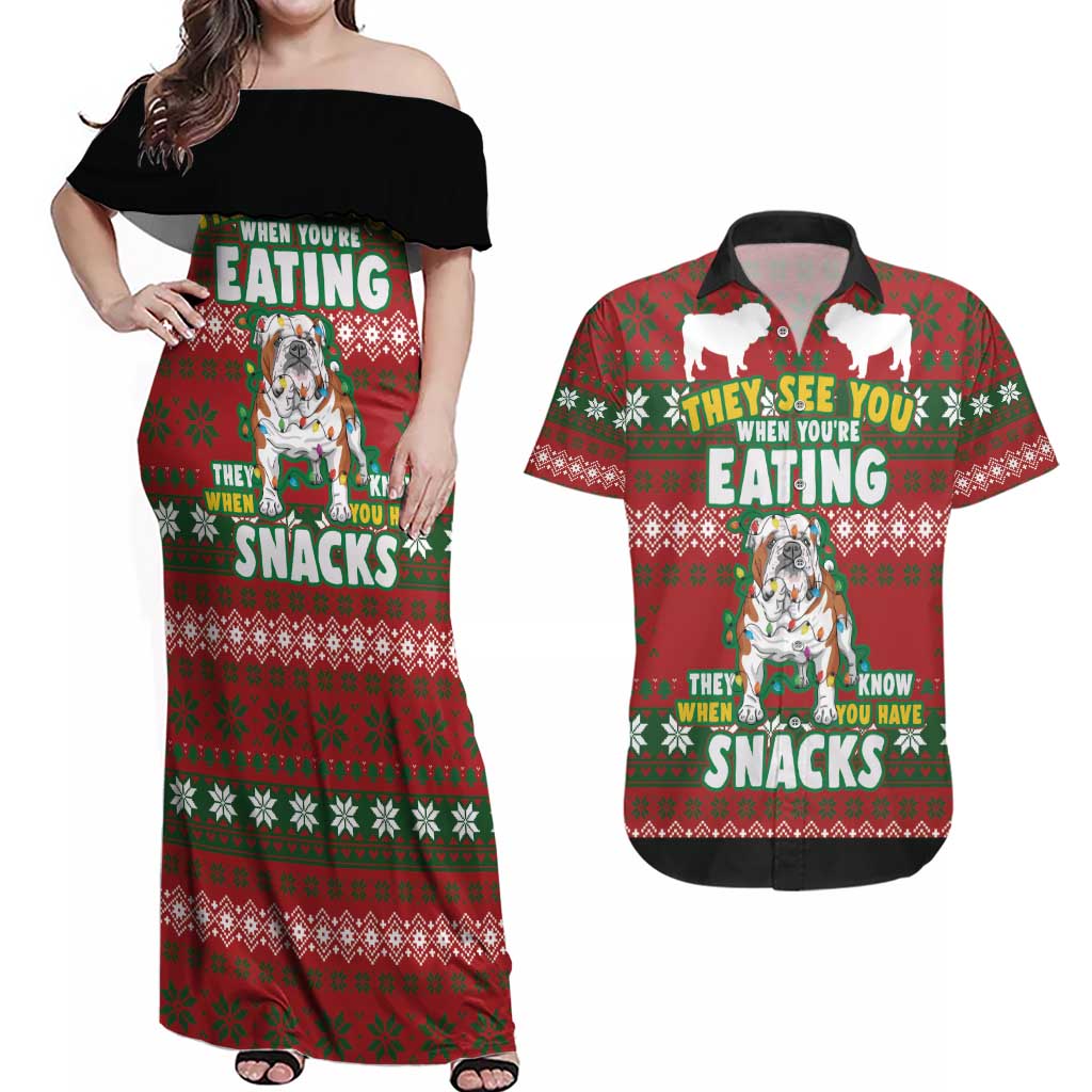 Bulldog Snacks Christmas Couples Matching Off Shoulder Maxi Dress and Hawaiian Shirt They Know You Have Snacks - Wonder Print Shop