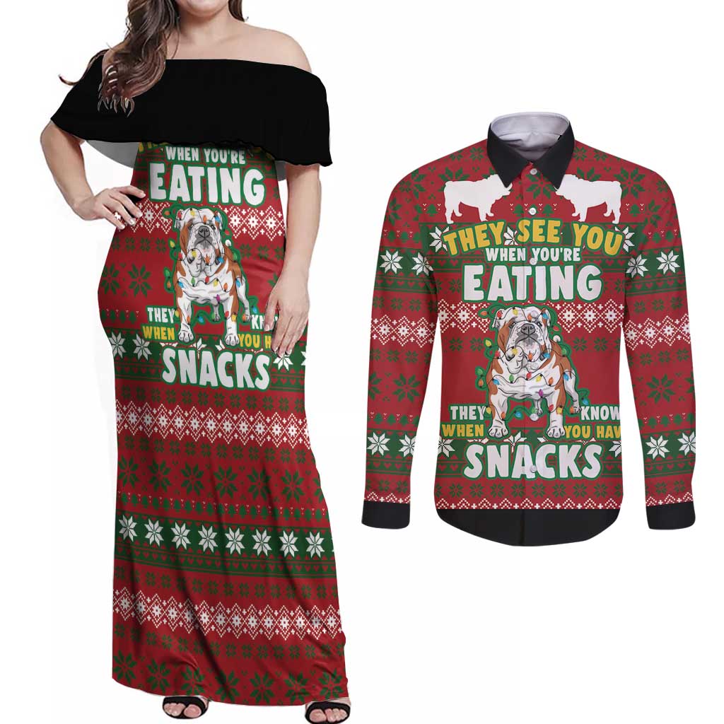 Bulldog Snacks Christmas Couples Matching Off Shoulder Maxi Dress and Long Sleeve Button Shirt They Know You Have Snacks - Wonder Print Shop