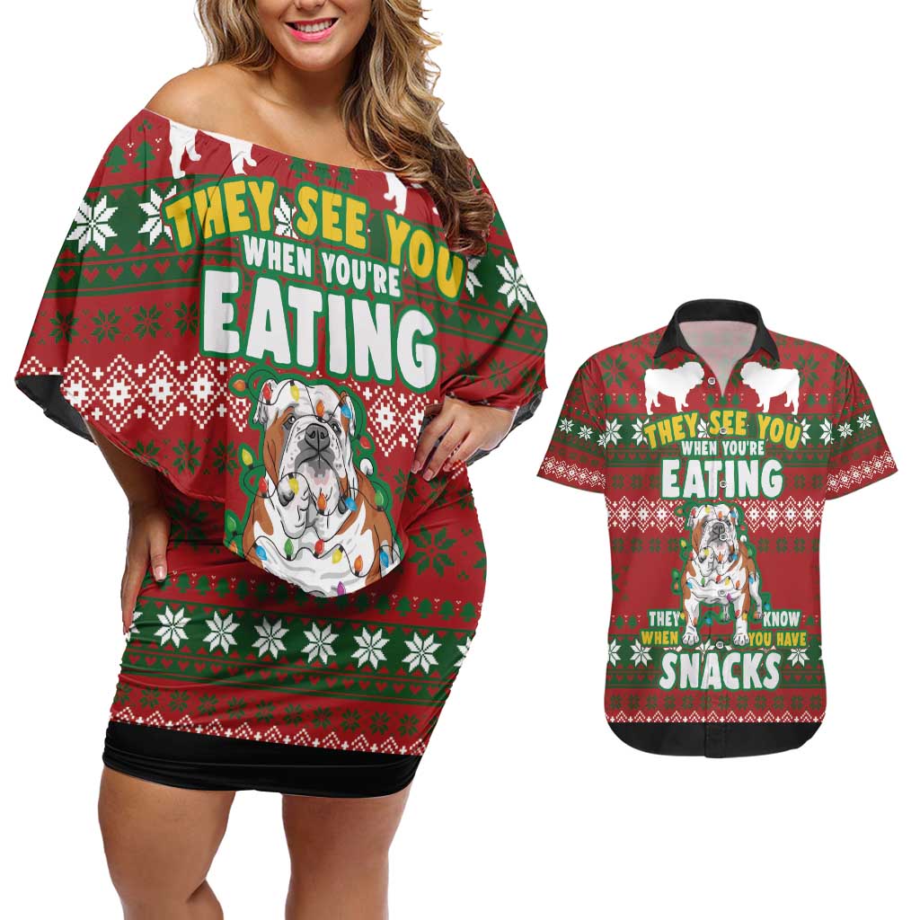 Bulldog Snacks Christmas Couples Matching Off Shoulder Short Dress and Hawaiian Shirt They Know You Have Snacks - Wonder Print Shop