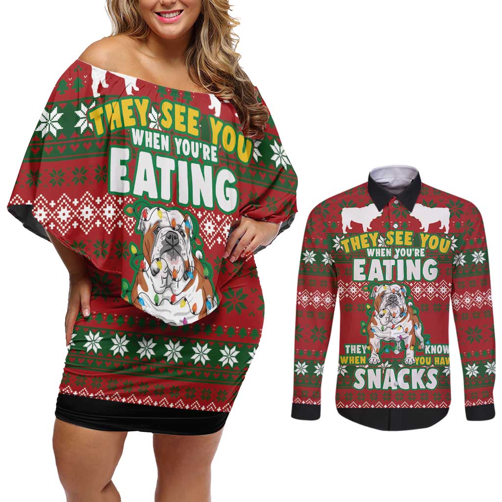 Bulldog Snacks Christmas Couples Matching Off Shoulder Short Dress and Long Sleeve Button Shirt They Know You Have Snacks - Wonder Print Shop