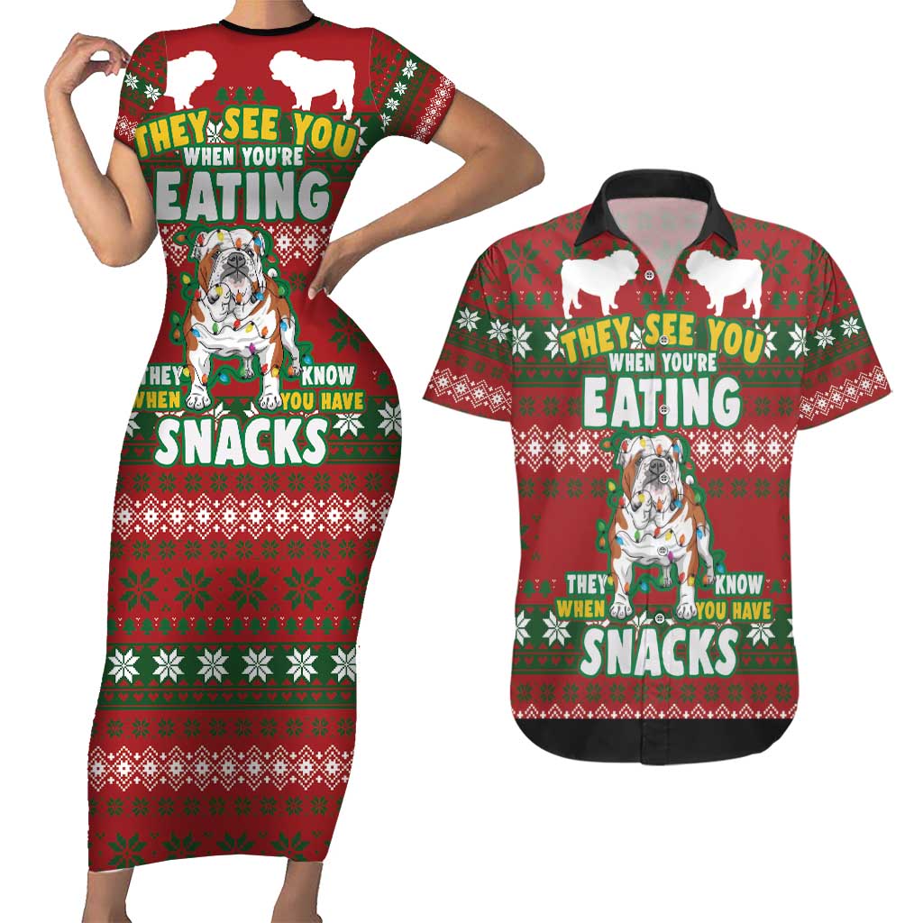Bulldog Snacks Christmas Couples Matching Short Sleeve Bodycon Dress and Hawaiian Shirt They Know You Have Snacks - Wonder Print Shop