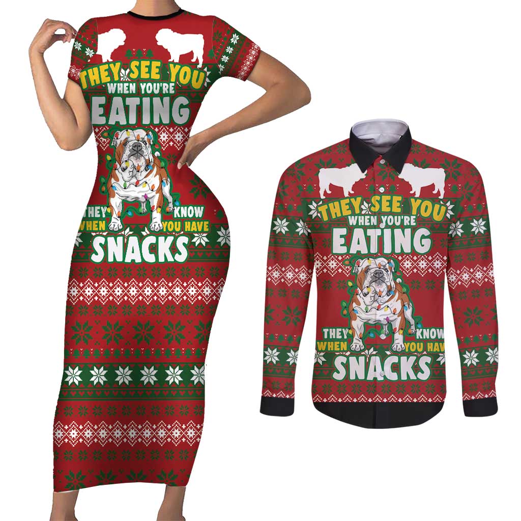 Bulldog Snacks Christmas Couples Matching Short Sleeve Bodycon Dress and Long Sleeve Button Shirt They Know You Have Snacks - Wonder Print Shop