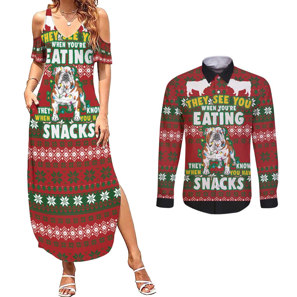 Bulldog Snacks Christmas Couples Matching Summer Maxi Dress and Long Sleeve Button Shirt They Know You Have Snacks - Wonder Print Shop