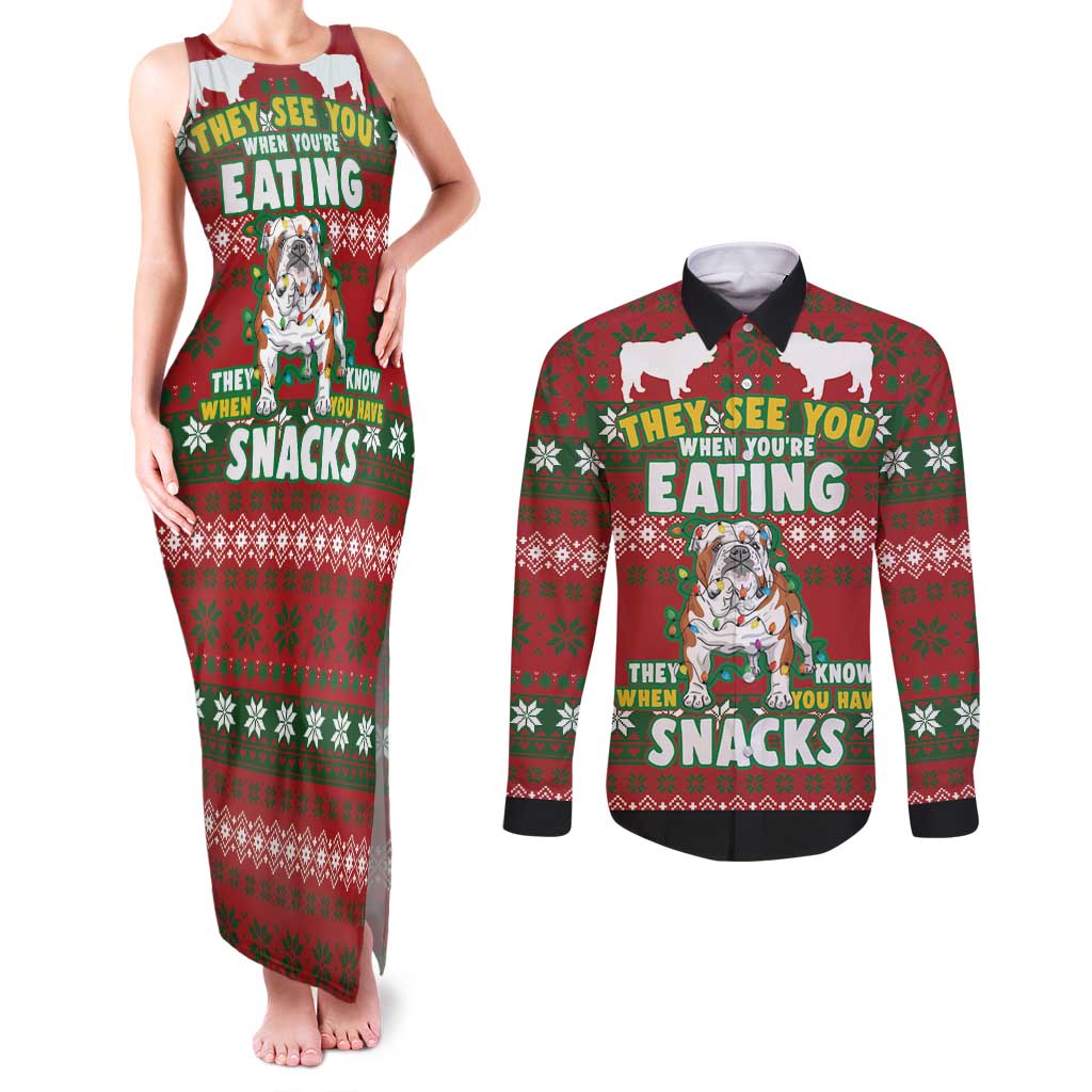 Bulldog Snacks Christmas Couples Matching Tank Maxi Dress and Long Sleeve Button Shirt They Know You Have Snacks - Wonder Print Shop
