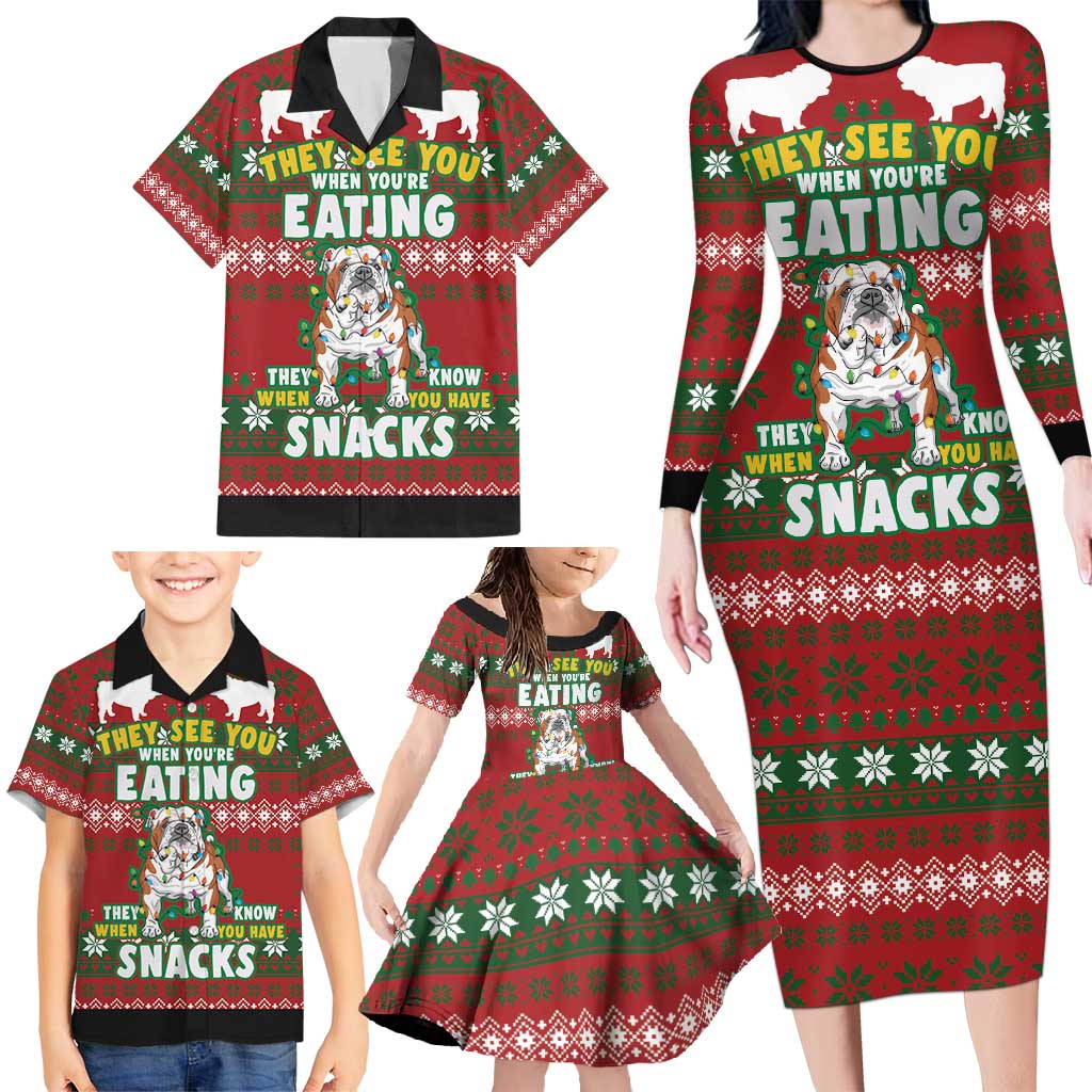 Bulldog Snacks Christmas Family Matching Long Sleeve Bodycon Dress and Hawaiian Shirt They Know You Have Snacks - Wonder Print Shop