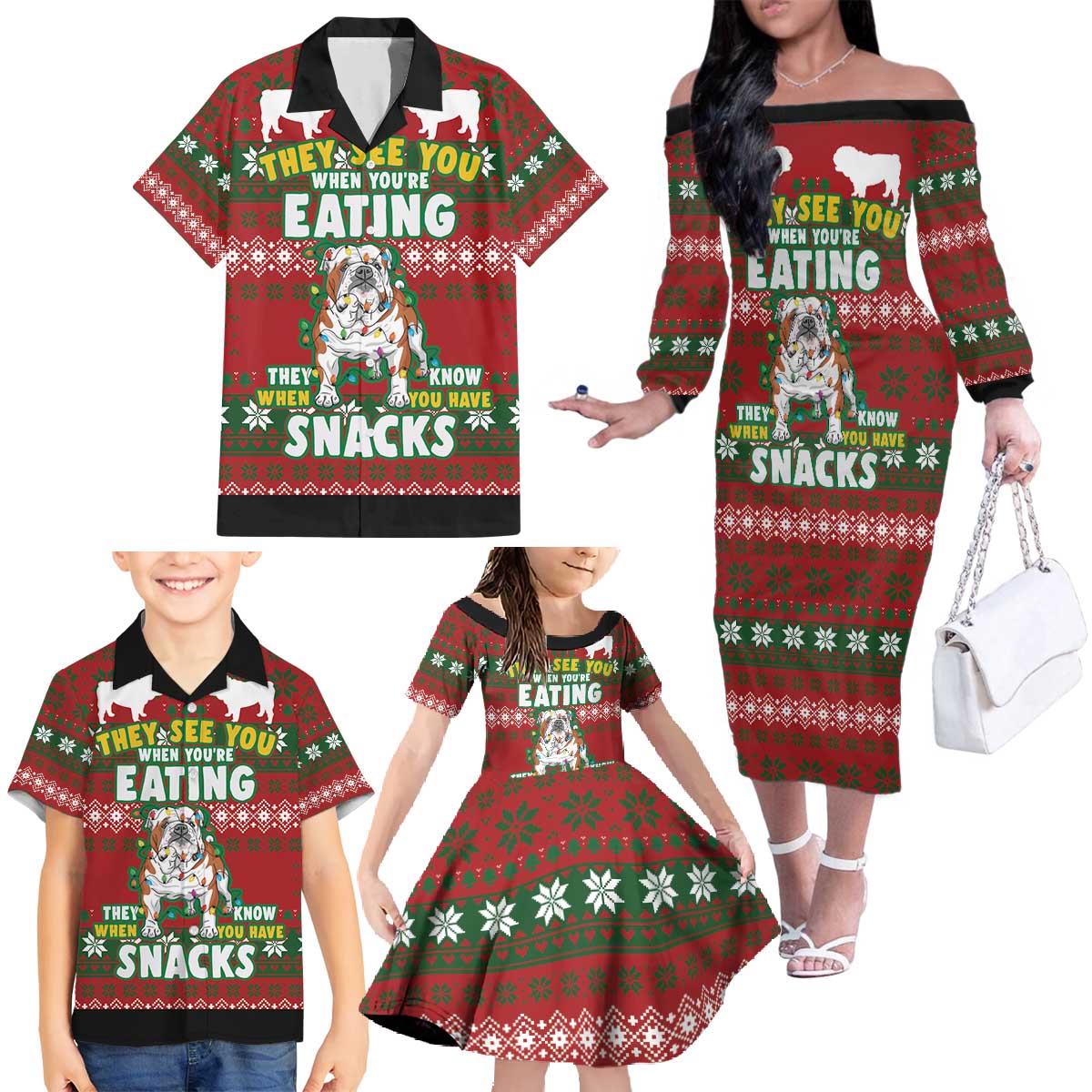Bulldog Snacks Christmas Family Matching Off The Shoulder Long Sleeve Dress and Hawaiian Shirt They Know You Have Snacks - Wonder Print Shop
