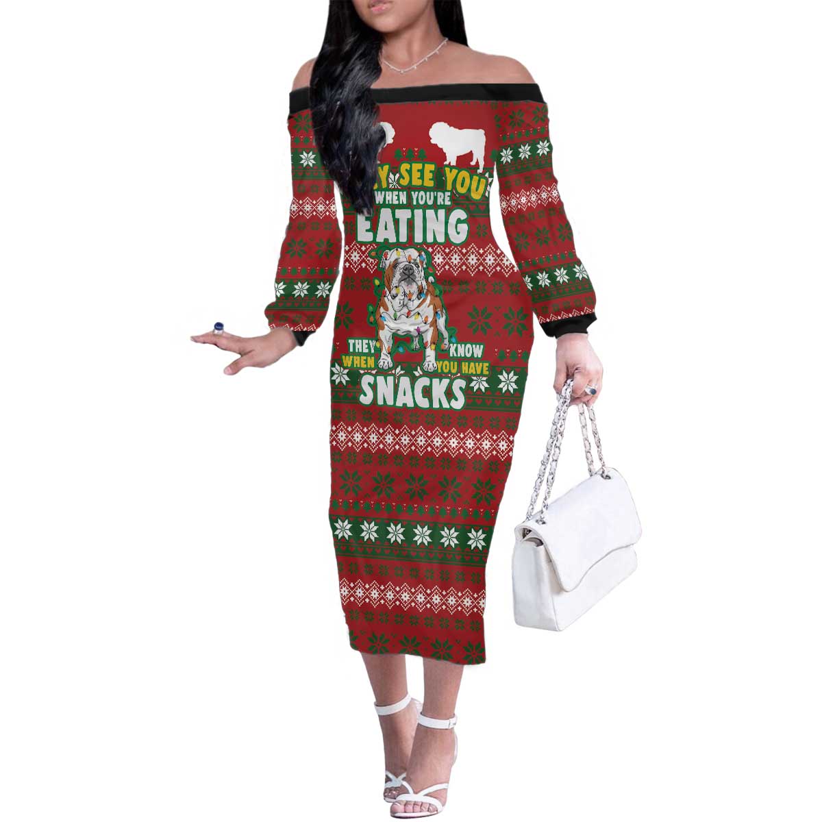 Bulldog Snacks Christmas Family Matching Off The Shoulder Long Sleeve Dress and Hawaiian Shirt They Know You Have Snacks - Wonder Print Shop