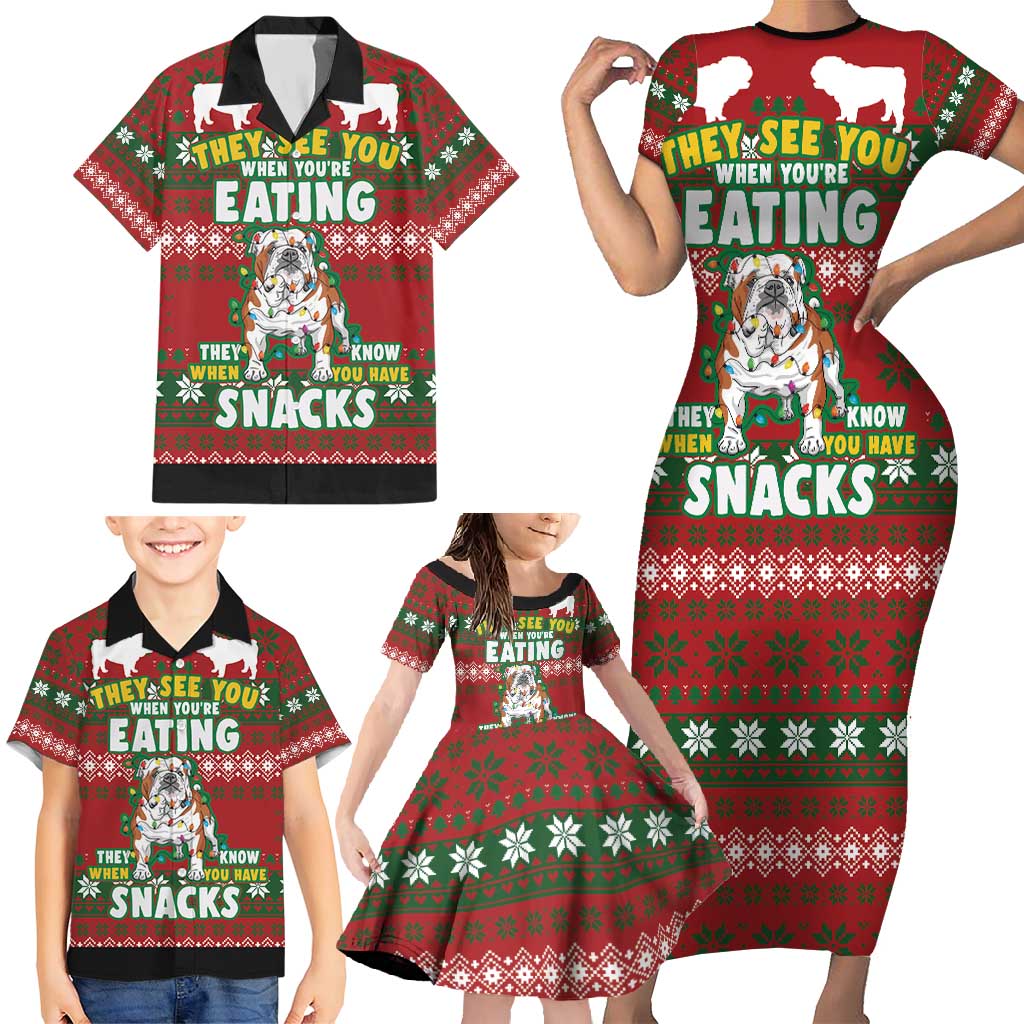 Bulldog Snacks Christmas Family Matching Short Sleeve Bodycon Dress and Hawaiian Shirt They Know You Have Snacks - Wonder Print Shop