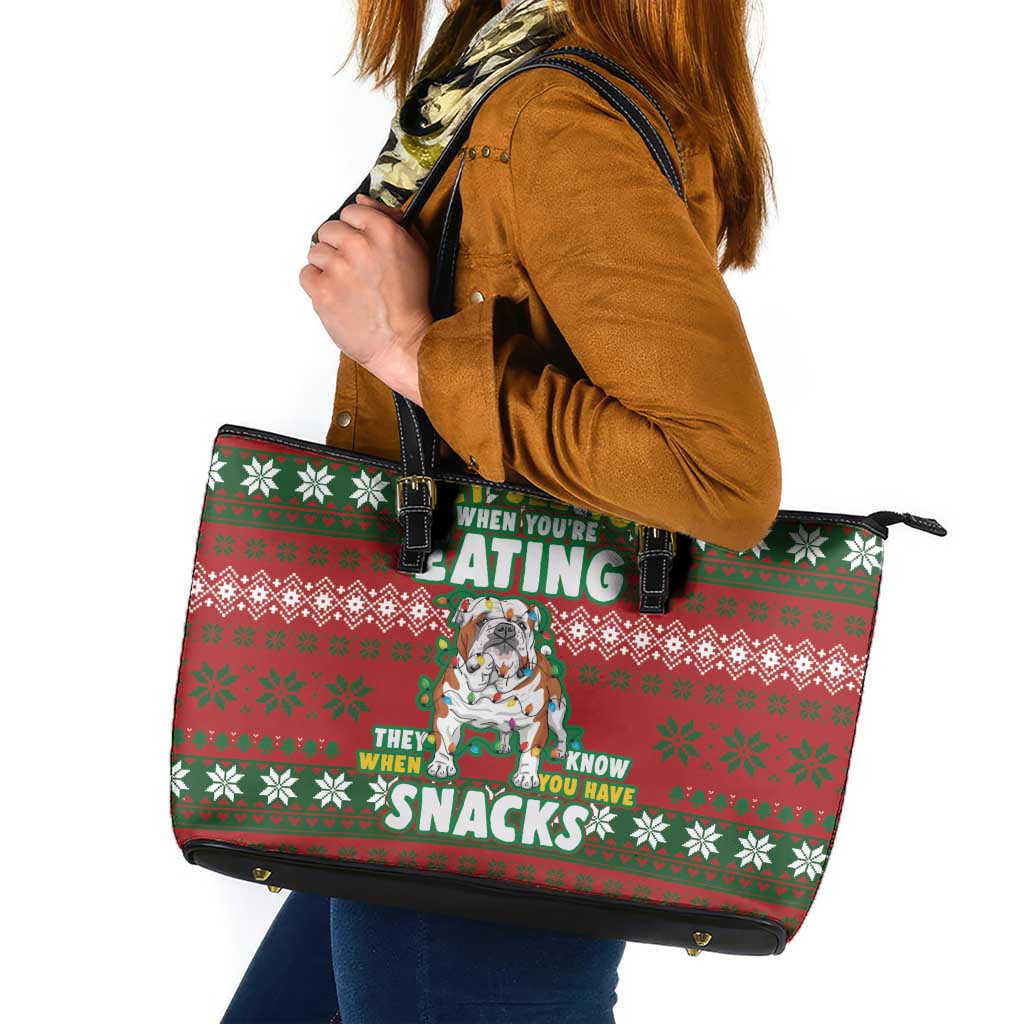 Bulldog Snacks Christmas Leather Tote Bag They Know You Have Snacks - Wonder Print Shop