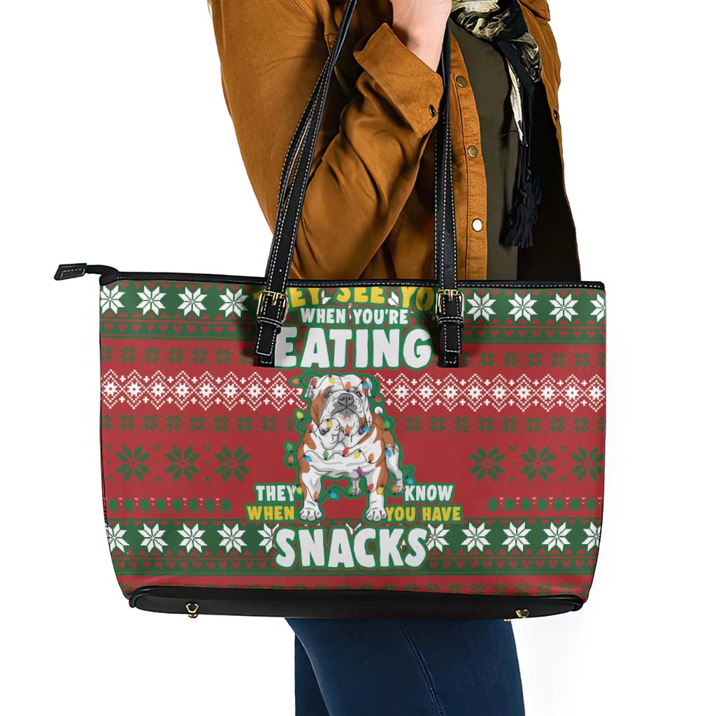 Bulldog Snacks Christmas Leather Tote Bag They Know You Have Snacks - Wonder Print Shop