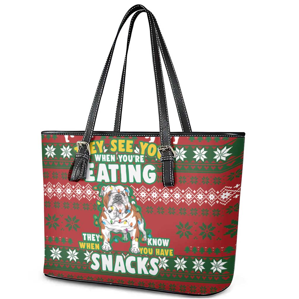 Bulldog Snacks Christmas Leather Tote Bag They Know You Have Snacks - Wonder Print Shop