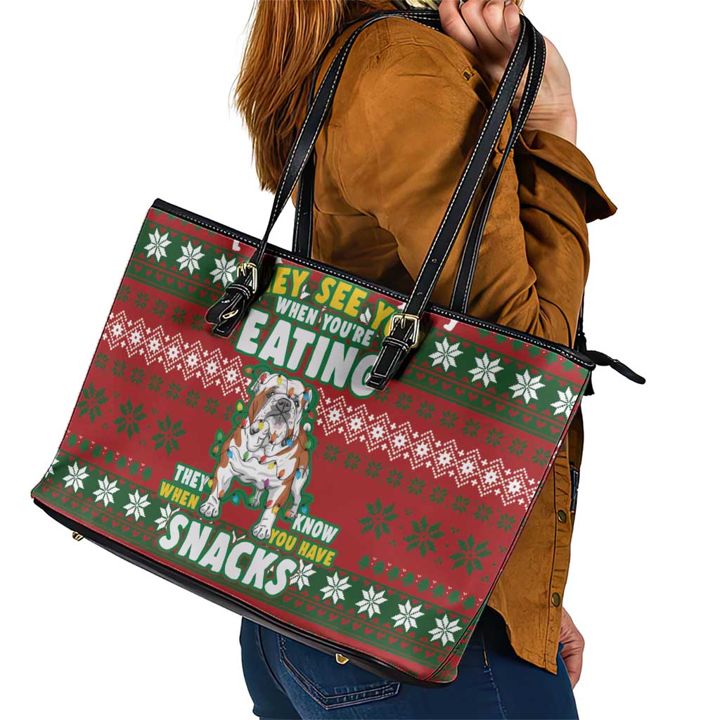 Bulldog Snacks Christmas Leather Tote Bag They Know You Have Snacks - Wonder Print Shop