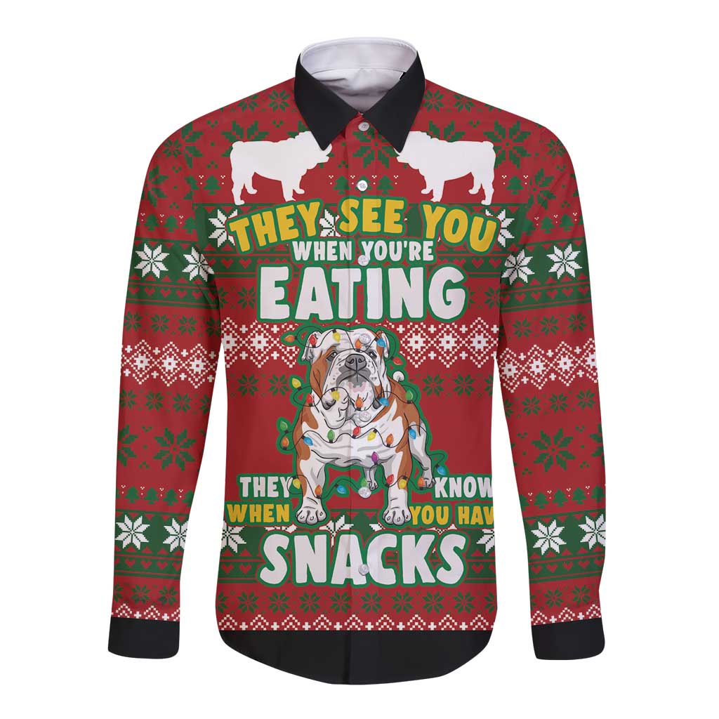 Bulldog Snacks Christmas Long Sleeve Button Shirt They Know You Have Snacks - Wonder Print Shop