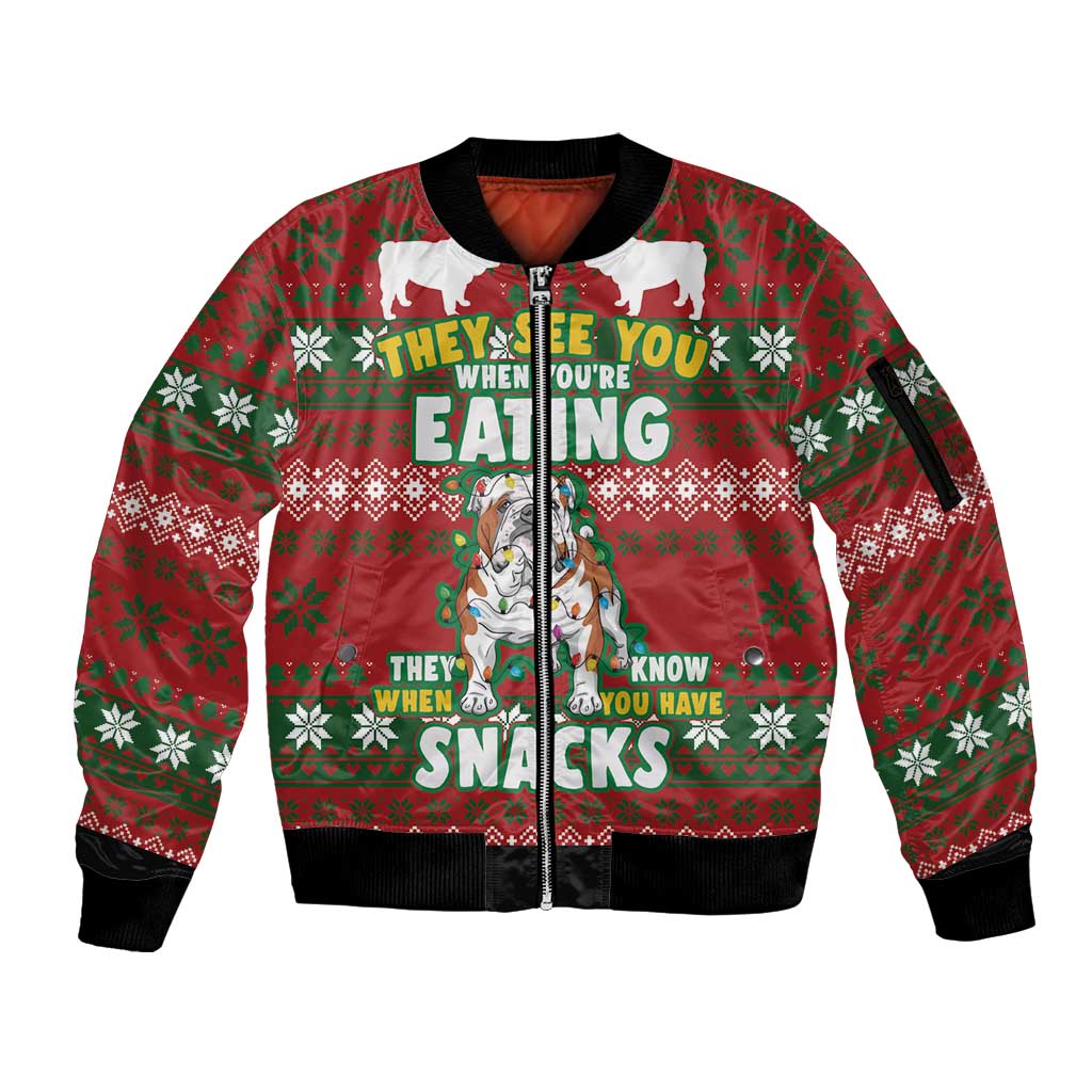 Bulldog Snacks Christmas Sleeve Zip Bomber Jacket They Know You Have Snacks - Wonder Print Shop