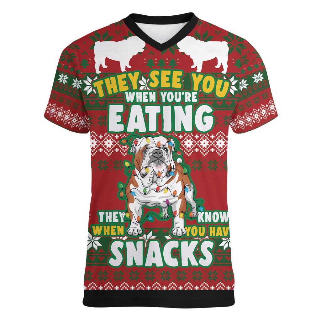 Bulldog Snacks Christmas Women V-Neck T-Shirt They Know You Have Snacks - Wonder Print Shop