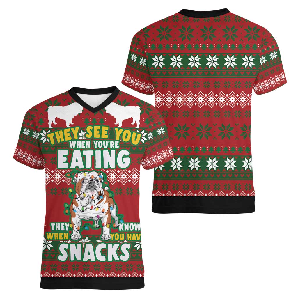 Bulldog Snacks Christmas Women V-Neck T-Shirt They Know You Have Snacks - Wonder Print Shop
