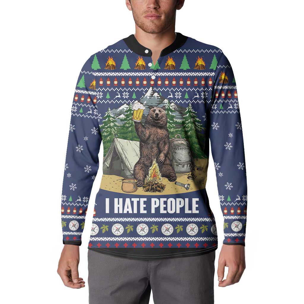 Bear Christmas Button Sweatshirt Camping I Hate People - Wonder Print Shop