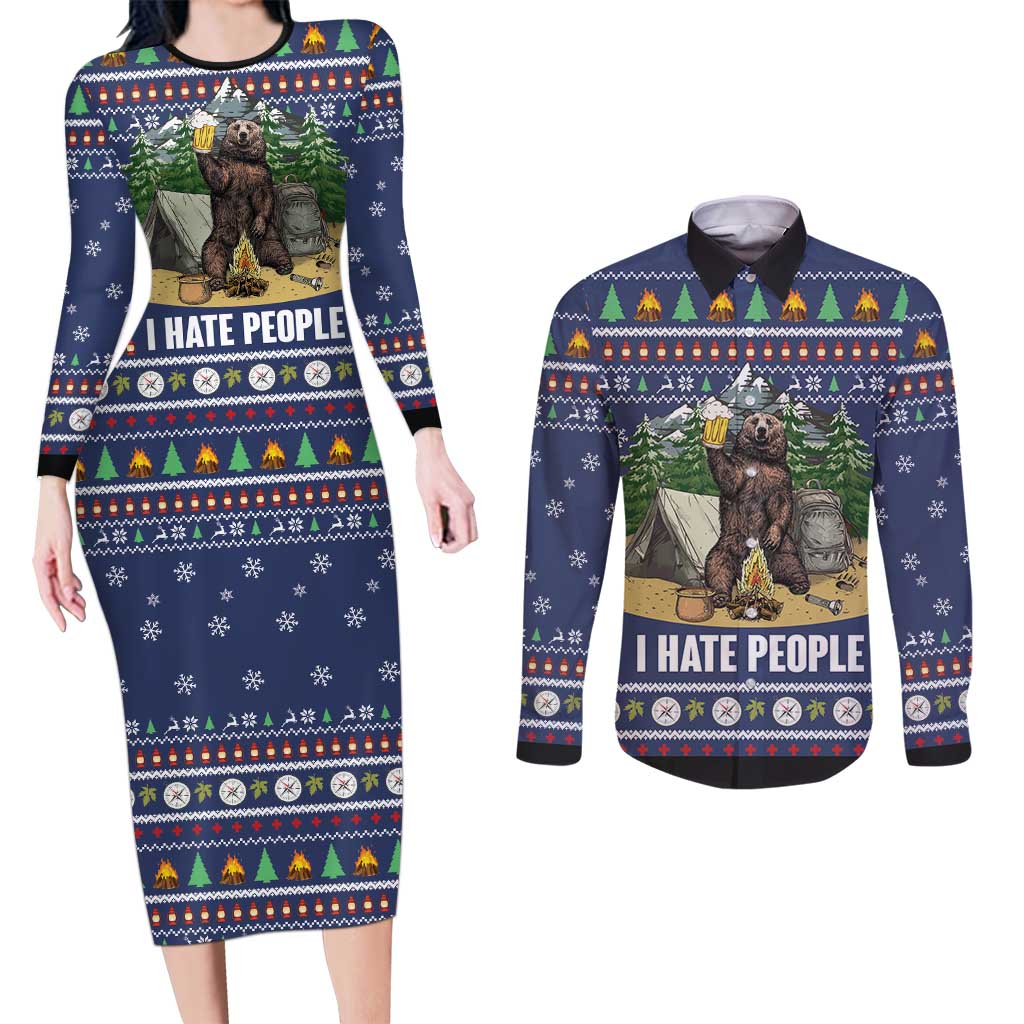 Bear Christmas Couples Matching Long Sleeve Bodycon Dress and Long Sleeve Button Shirt Camping I Hate People - Wonder Print Shop