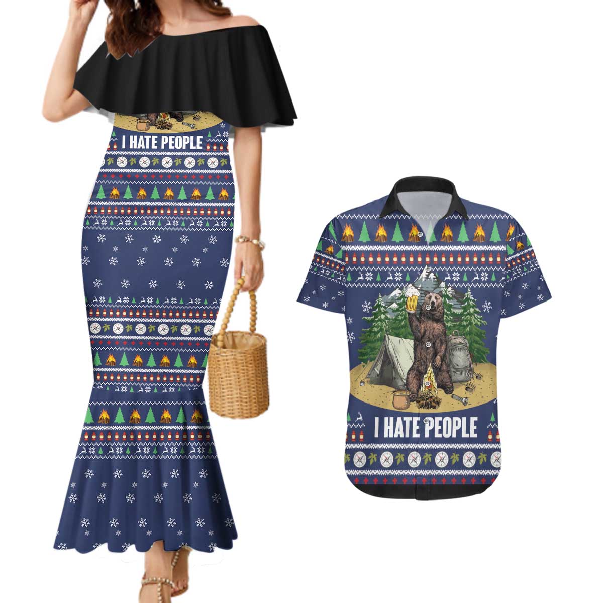 Bear Christmas Couples Matching Mermaid Dress and Hawaiian Shirt Camping I Hate People - Wonder Print Shop