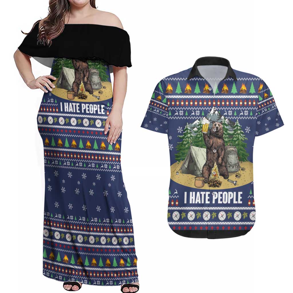 Bear Christmas Couples Matching Off Shoulder Maxi Dress and Hawaiian Shirt Camping I Hate People - Wonder Print Shop