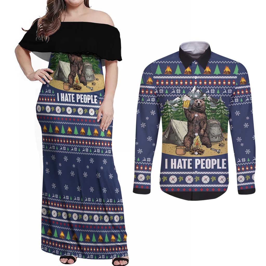 Bear Christmas Couples Matching Off Shoulder Maxi Dress and Long Sleeve Button Shirt Camping I Hate People - Wonder Print Shop