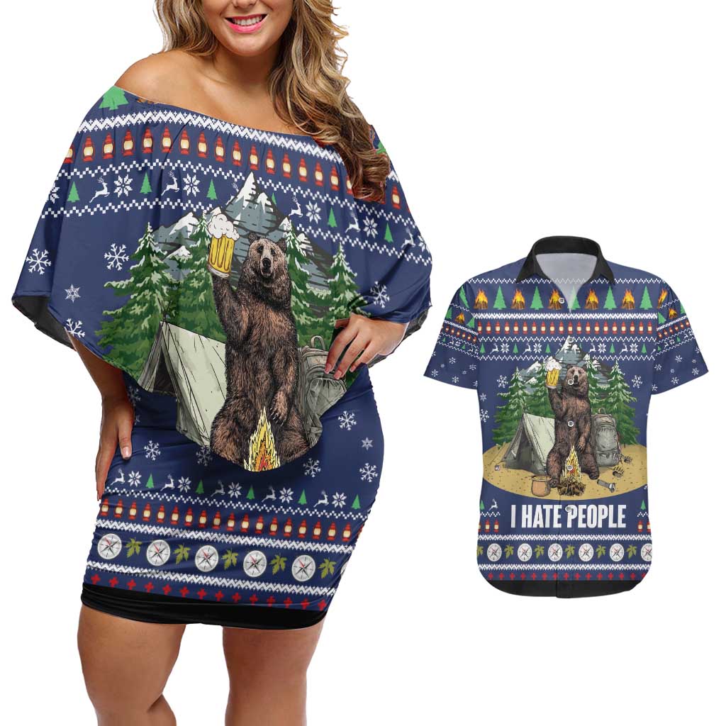 Bear Christmas Couples Matching Off Shoulder Short Dress and Hawaiian Shirt Camping I Hate People - Wonder Print Shop