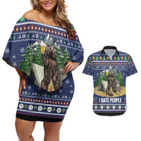 Bear Christmas Couples Matching Off Shoulder Short Dress and Hawaiian Shirt Camping I Hate People - Wonder Print Shop