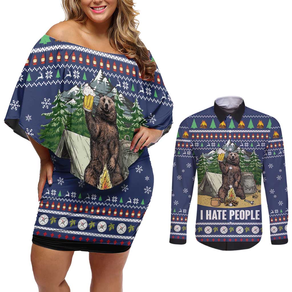 Bear Christmas Couples Matching Off Shoulder Short Dress and Long Sleeve Button Shirt Camping I Hate People - Wonder Print Shop