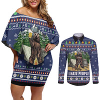 Bear Christmas Couples Matching Off Shoulder Short Dress and Long Sleeve Button Shirt Camping I Hate People - Wonder Print Shop