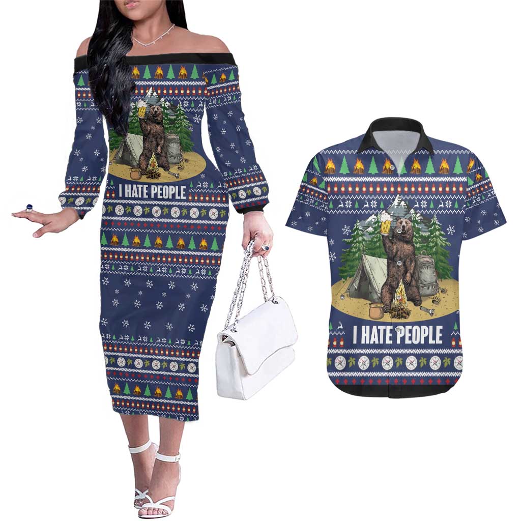 Bear Christmas Couples Matching Off The Shoulder Long Sleeve Dress and Hawaiian Shirt Camping I Hate People - Wonder Print Shop