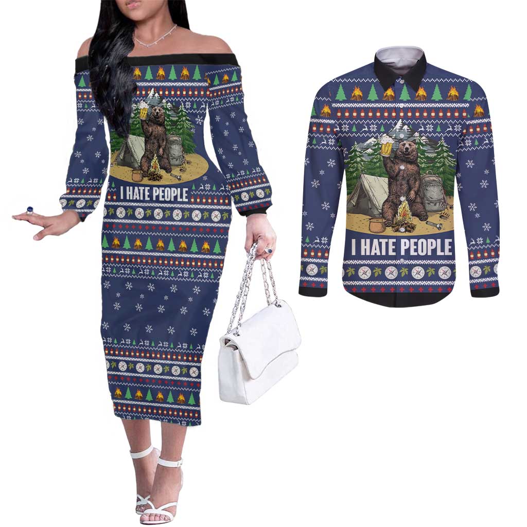 Bear Christmas Couples Matching Off The Shoulder Long Sleeve Dress and Long Sleeve Button Shirt Camping I Hate People