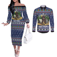 Bear Christmas Couples Matching Off The Shoulder Long Sleeve Dress and Long Sleeve Button Shirt Camping I Hate People