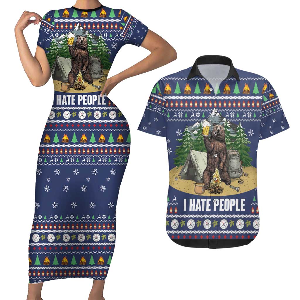 Bear Christmas Couples Matching Short Sleeve Bodycon Dress and Hawaiian Shirt Camping I Hate People - Wonder Print Shop