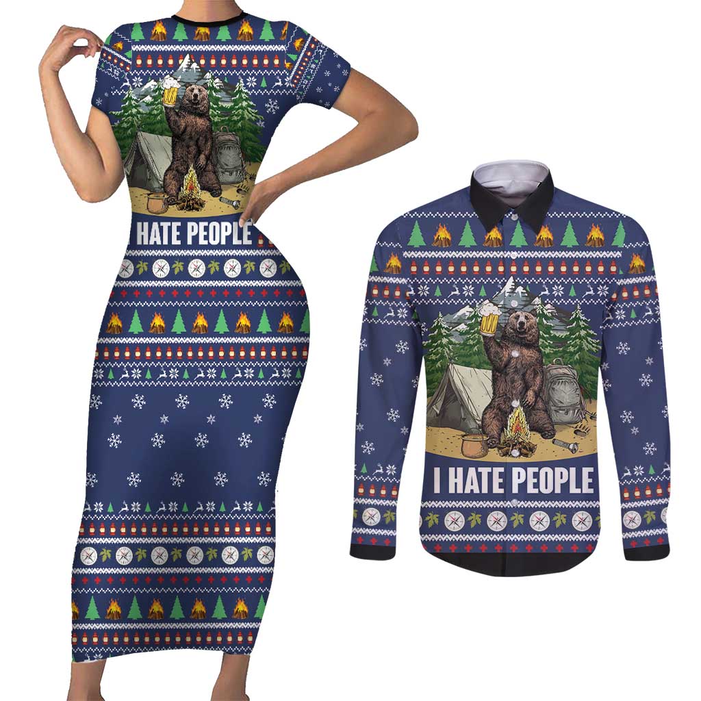 Bear Christmas Couples Matching Short Sleeve Bodycon Dress and Long Sleeve Button Shirt Camping I Hate People - Wonder Print Shop