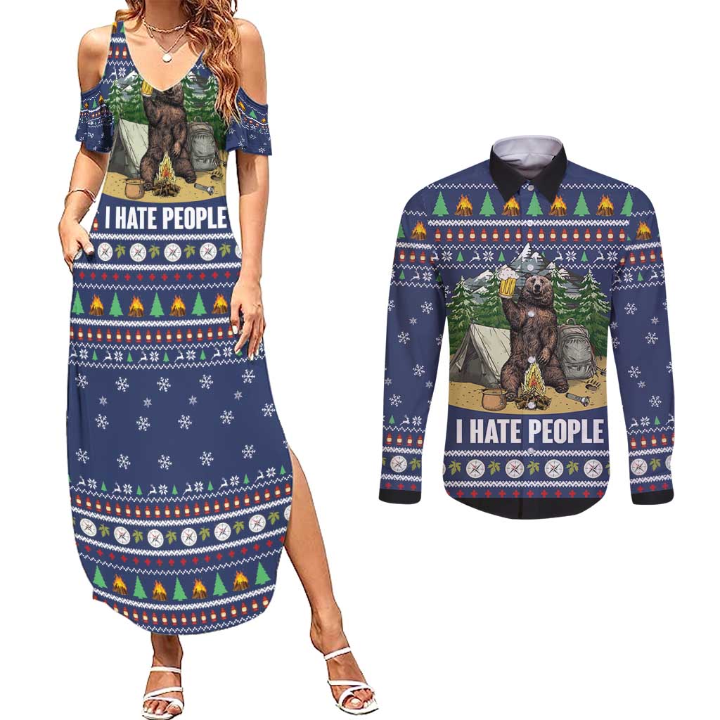 Bear Christmas Couples Matching Summer Maxi Dress and Long Sleeve Button Shirt Camping I Hate People - Wonder Print Shop