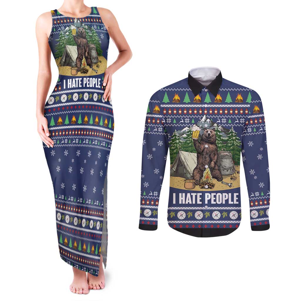 Bear Christmas Couples Matching Tank Maxi Dress and Long Sleeve Button Shirt Camping I Hate People - Wonder Print Shop