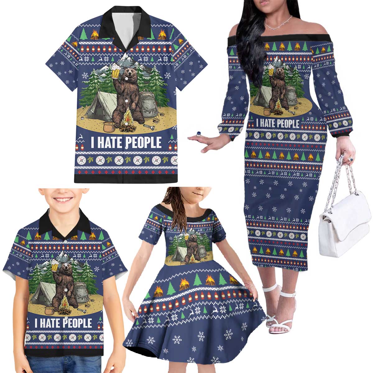 Bear Christmas Family Matching Off The Shoulder Long Sleeve Dress and Hawaiian Shirt Camping I Hate People - Wonder Print Shop