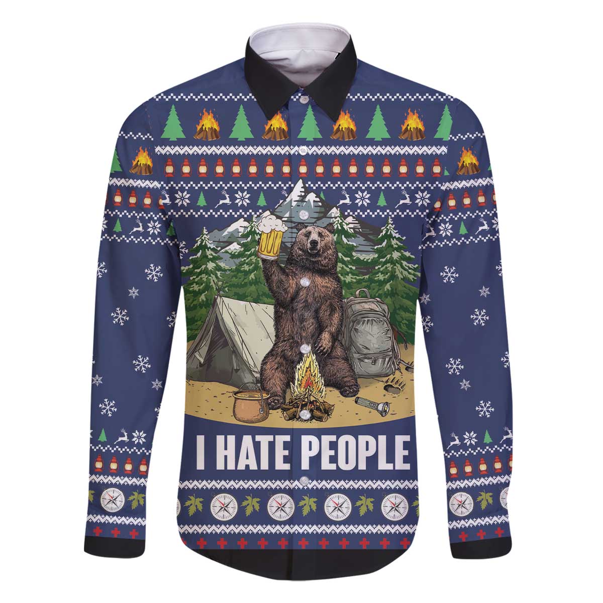 Bear Christmas Family Matching Off The Shoulder Long Sleeve Dress and Hawaiian Shirt Camping I Hate People - Wonder Print Shop