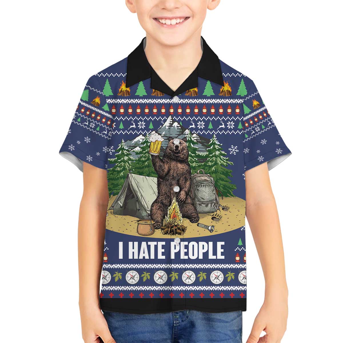 Bear Christmas Family Matching Off The Shoulder Long Sleeve Dress and Hawaiian Shirt Camping I Hate People - Wonder Print Shop