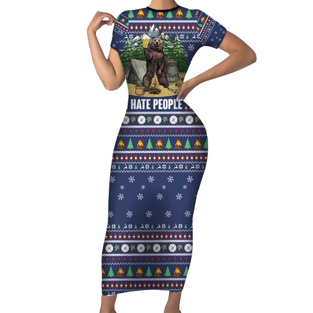 Bear Christmas Family Matching Short Sleeve Bodycon Dress and Hawaiian Shirt Camping I Hate People - Wonder Print Shop