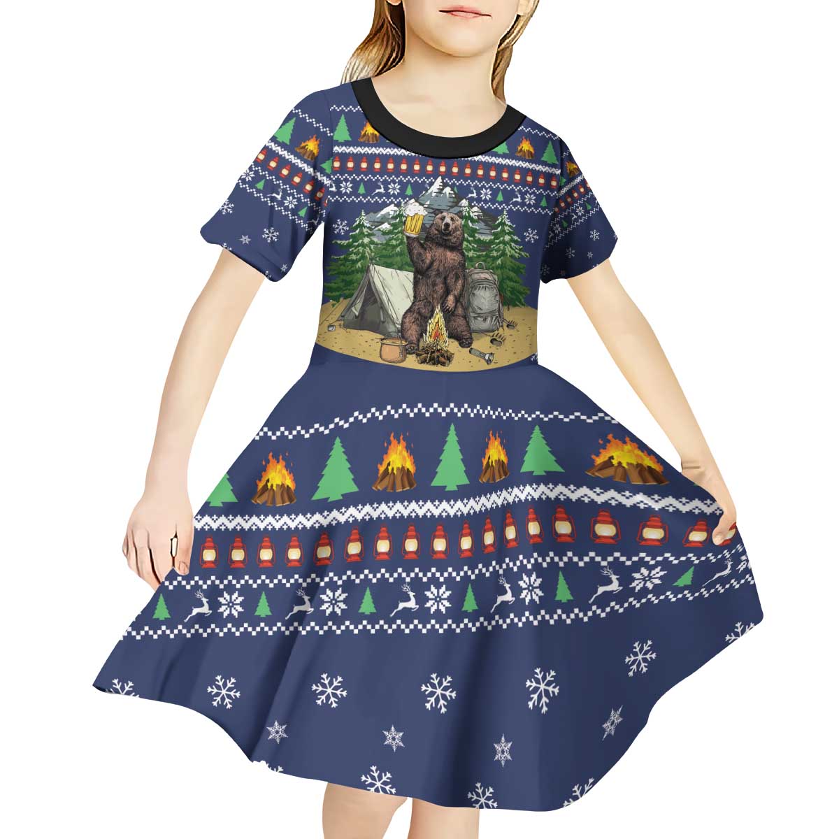 Bear Christmas Kid Short Sleeve Dress Camping I Hate People - Wonder Print Shop