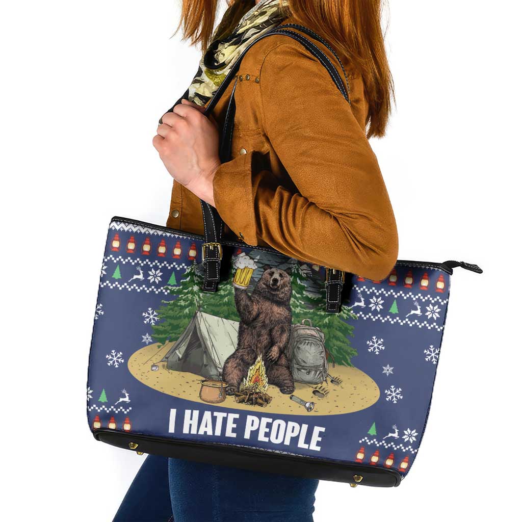 Bear Christmas Leather Tote Bag Camping I Hate People - Wonder Print Shop