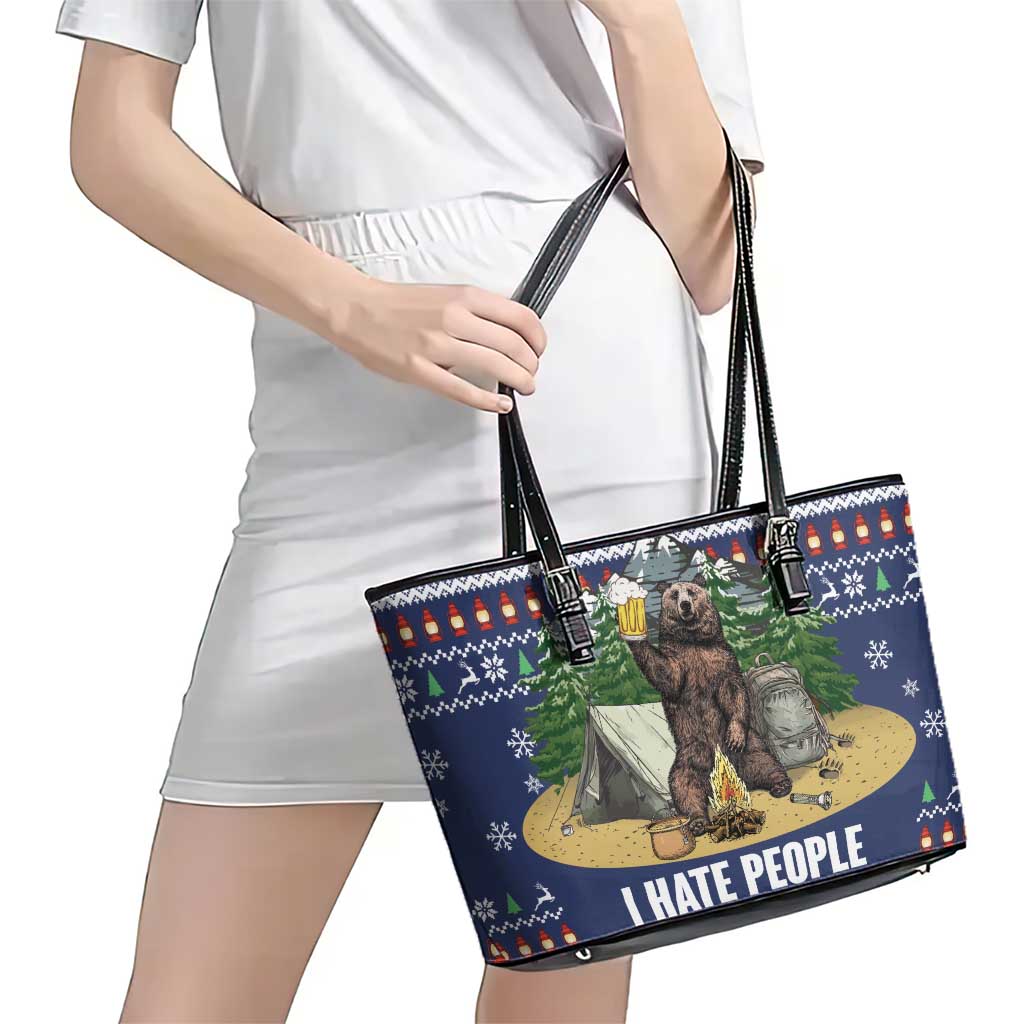 Bear Christmas Leather Tote Bag Camping I Hate People - Wonder Print Shop