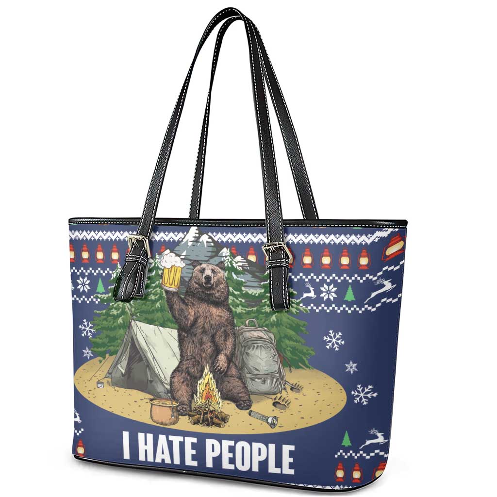 Bear Christmas Leather Tote Bag Camping I Hate People - Wonder Print Shop