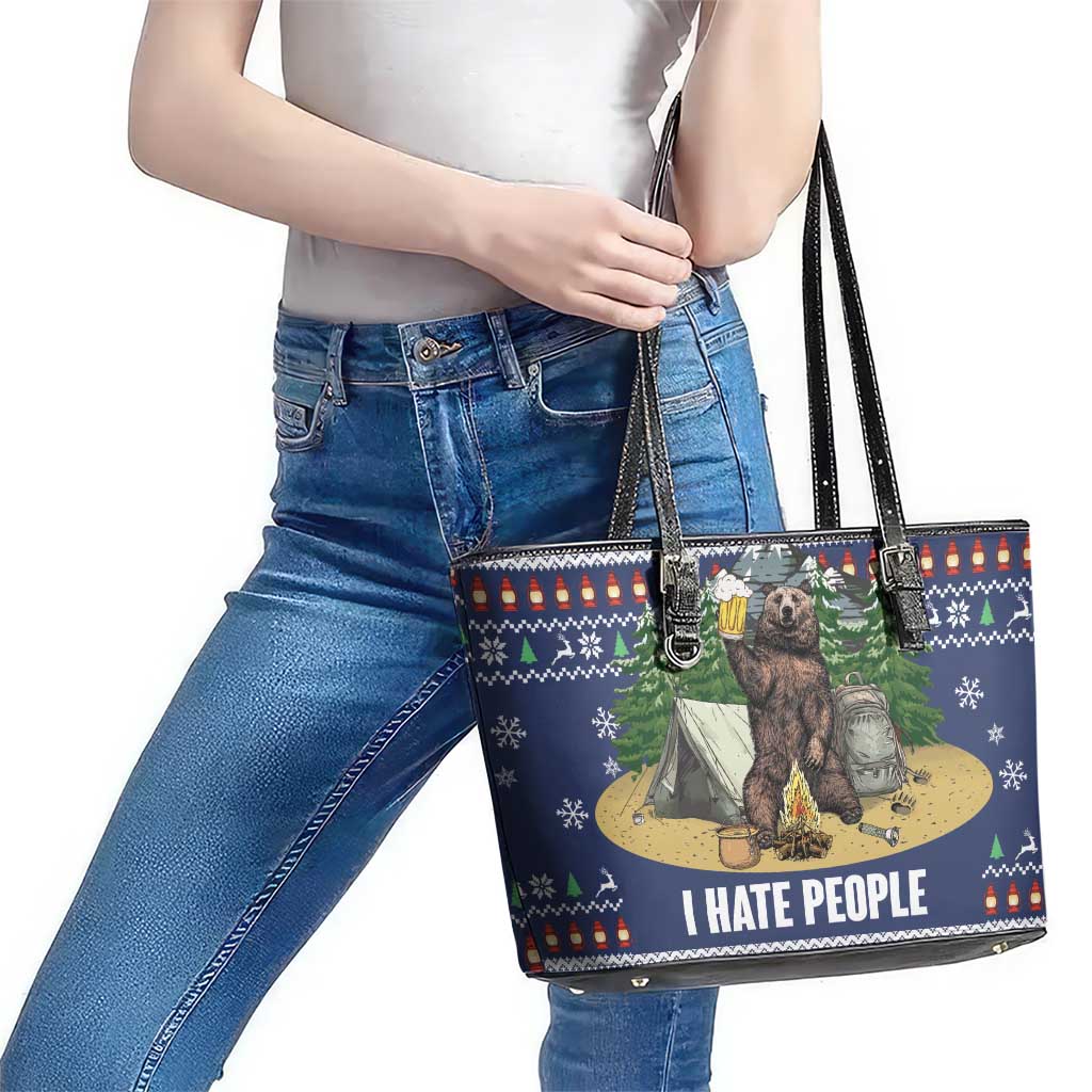 Bear Christmas Leather Tote Bag Camping I Hate People - Wonder Print Shop