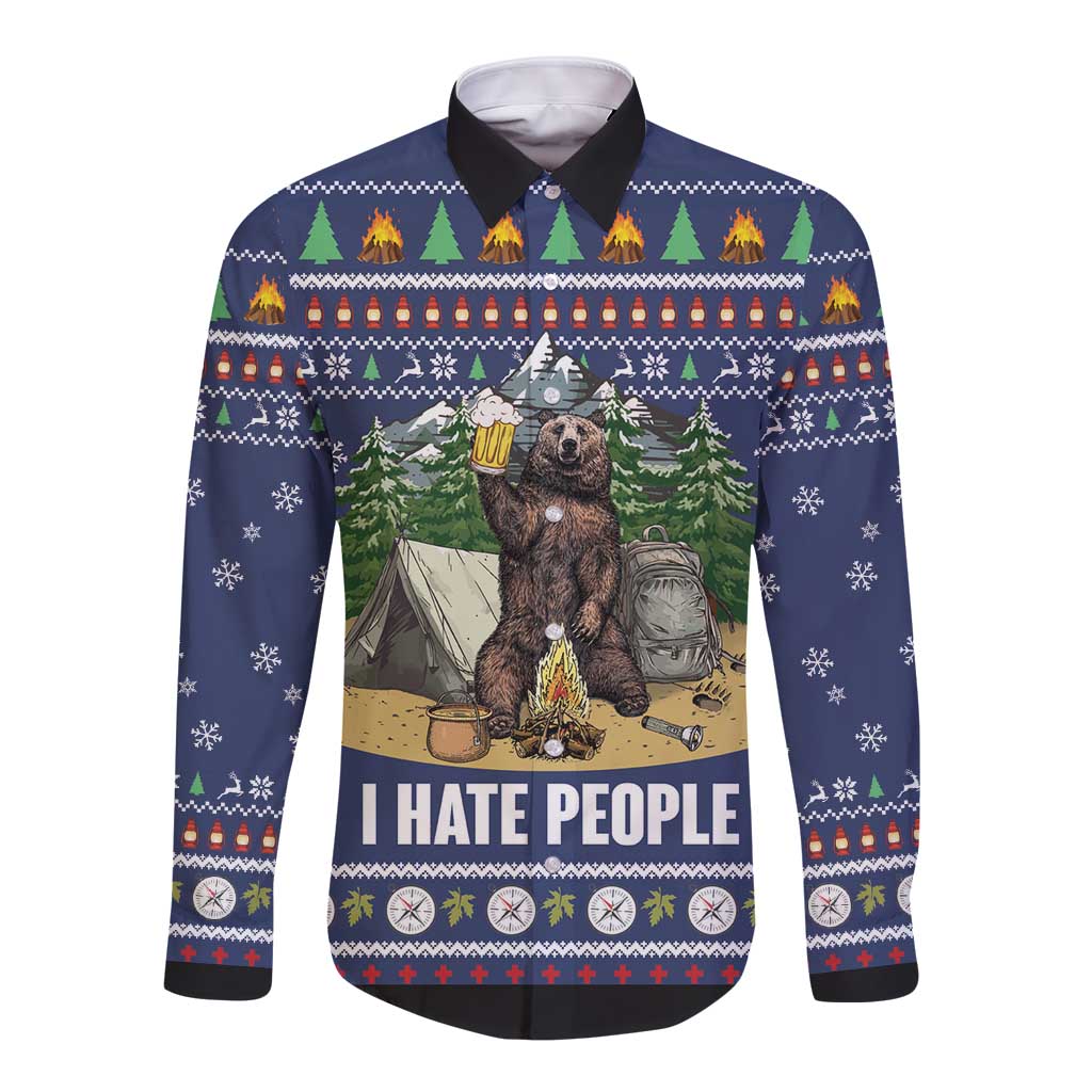 Bear Christmas Long Sleeve Button Shirt Camping I Hate People - Wonder Print Shop