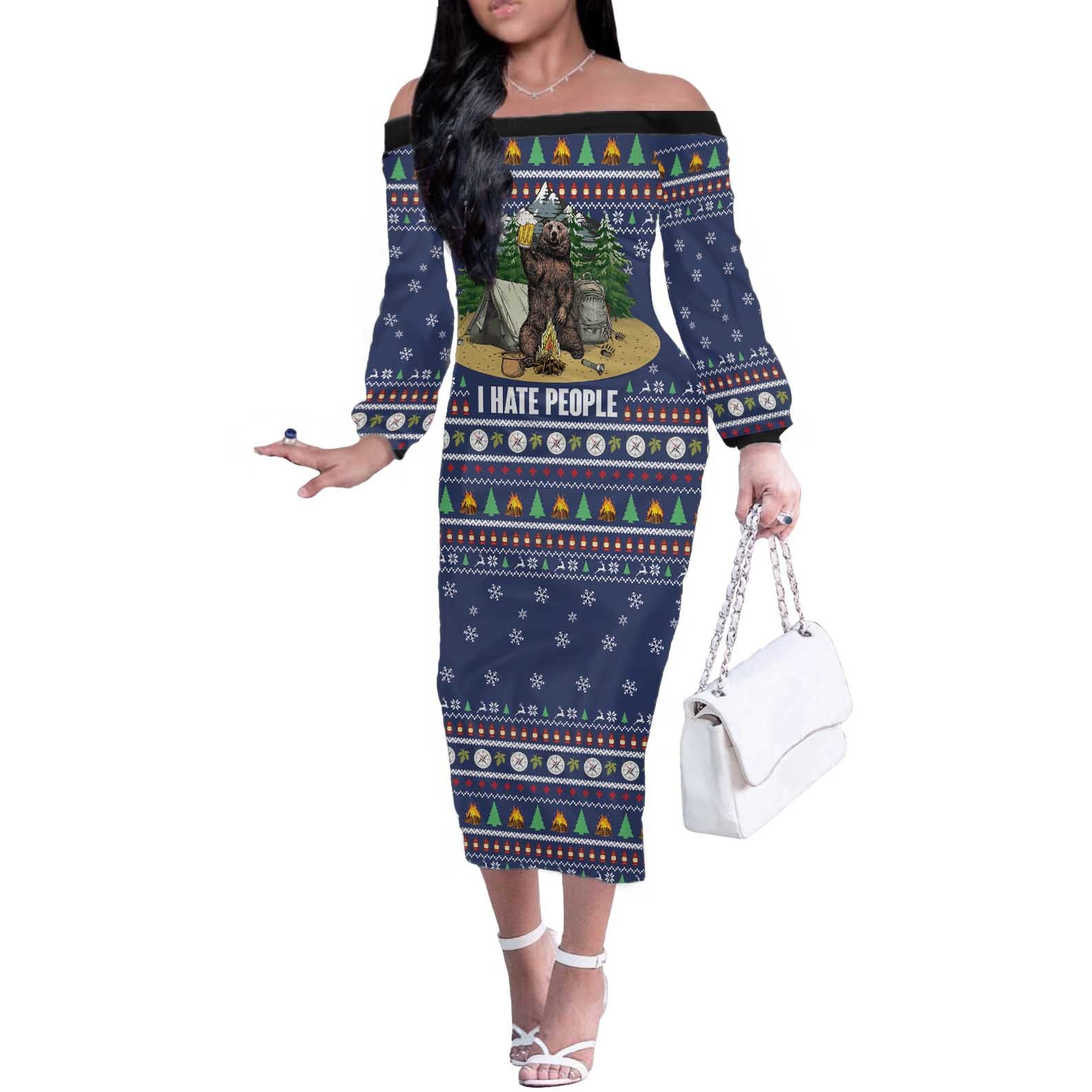 Bear Christmas Off The Shoulder Long Sleeve Dress Camping I Hate People - Wonder Print Shop