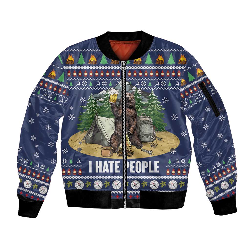 Bear Christmas Sleeve Zip Bomber Jacket Camping I Hate People - Wonder Print Shop