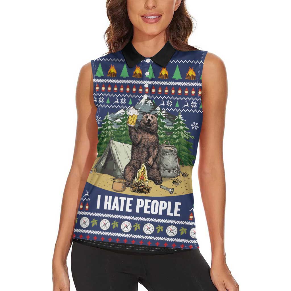 Bear Christmas Women Sleeveless Polo Shirt Camping I Hate People - Wonder Print Shop